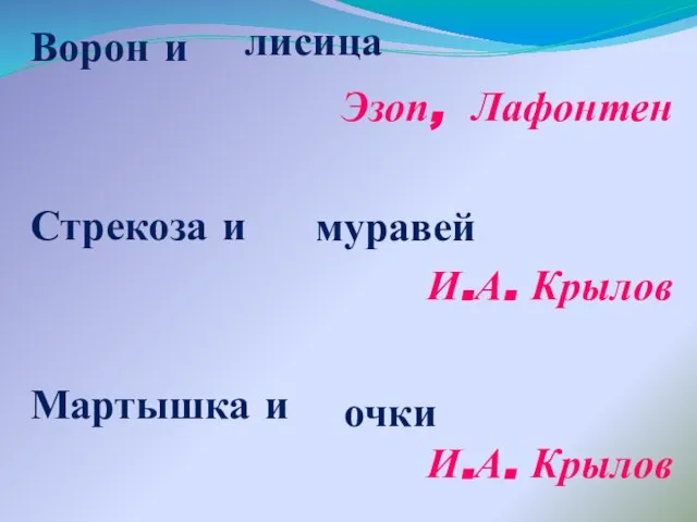 Ворон и Эзоп, Лафонтен Стрекоза и И.А. Крылов Мартышка и И.А. Крылов лисица муравей очки