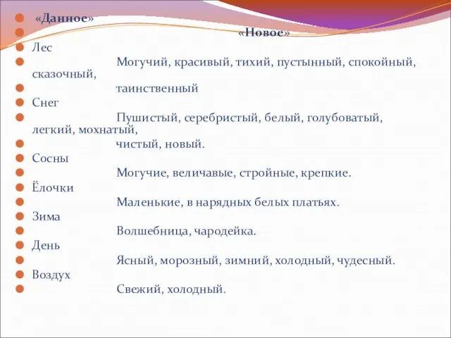 «Данное» «Новое» Лес Могучий, красивый, тихий, пустынный, спокойный, сказочный, таинственный Снег Пушистый,