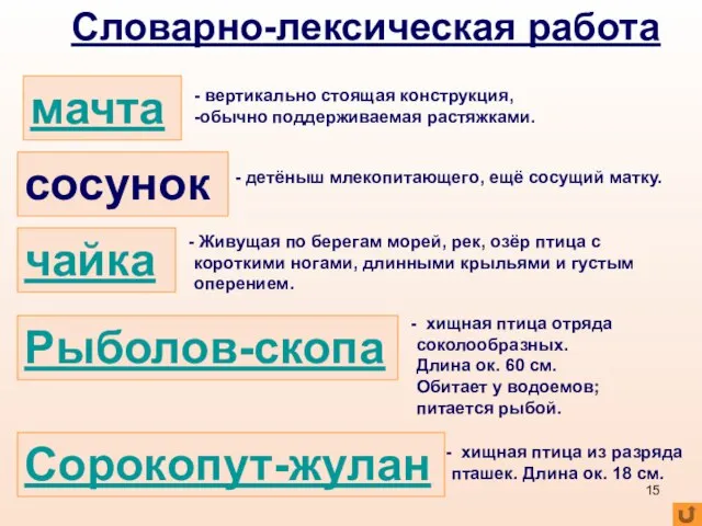 Словарно-лексическая работа мачта сосунок чайка вертикально стоящая конструкция, обычно поддерживаемая растяжками. детёныш