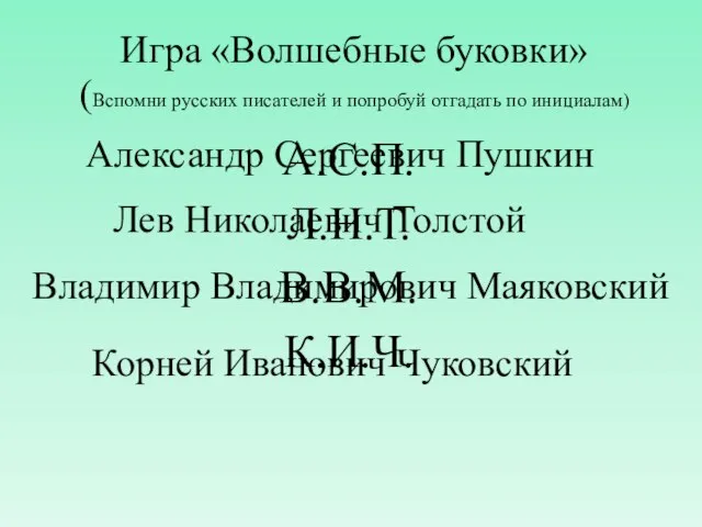 Игра «Волшебные буковки» (Вспомни русских писателей и попробуй отгадать по инициалам) А.С.П.