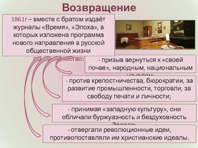 Возвращение - призыв вернуться к «своей почве», народным, национальным началам; 1861г –