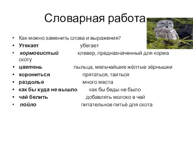 Словарная работа. Как можно заменить слова и выражения? Утекает убегает кормовистый клевер,