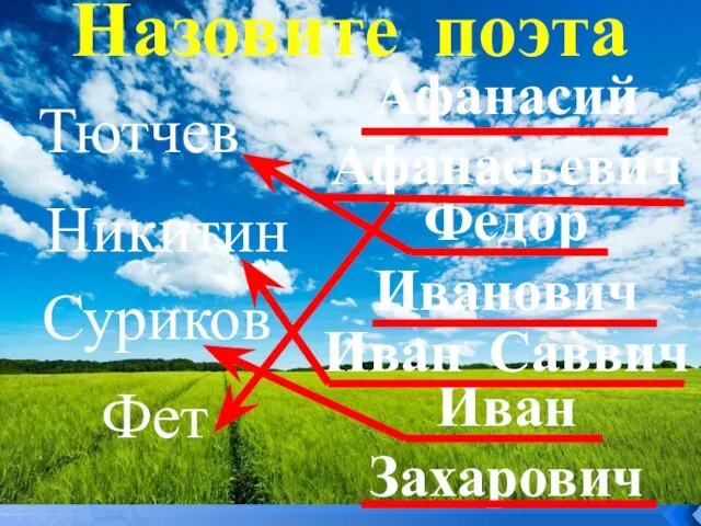 Назовите поэта Тютчев Суриков Никитин Фет Афанасий Афанасьевич Федор Иванович Иван Саввич Иван Захарович