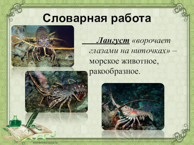 Словарная работа Лангуст «ворочает глазами на ниточках» – морское животное, ракообразное.