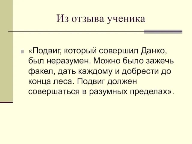 Из отзыва ученика «Подвиг, который совершил Данко, был неразумен. Можно было зажечь