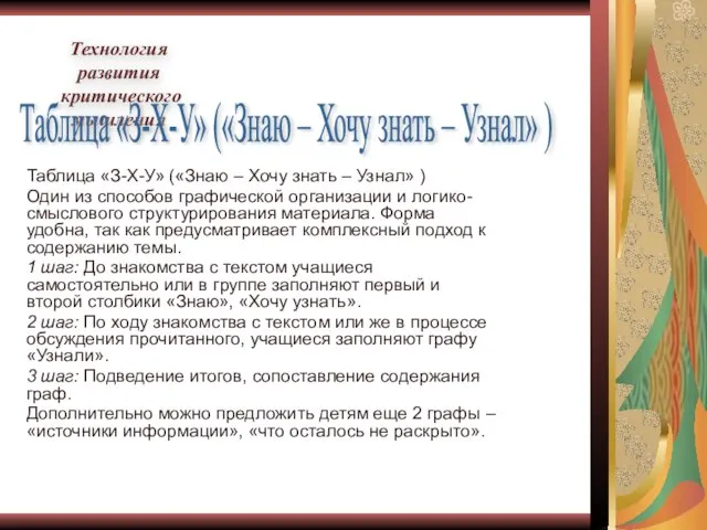 Таблица «З-Х-У» («Знаю – Хочу знать – Узнал» ) Один из способов