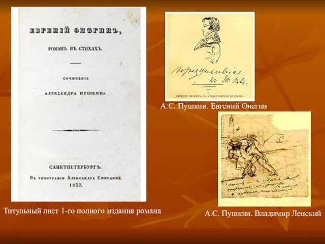 Титульный лист 1-го полного издания романа А.С. Пушкин. Евгений Онегин А.С. Пушкин. Владимир Ленский