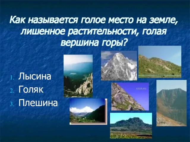 Как называется голое место на земле, лишенное растительности, голая вершина горы? Лысина Голяк Плешина