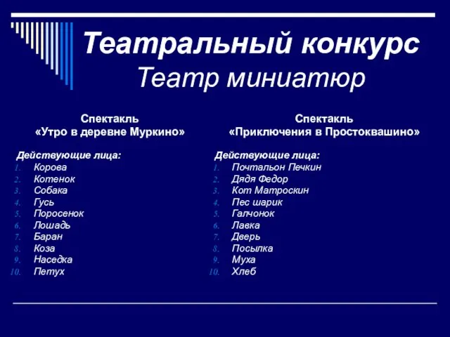 Театральный конкурс Театр миниатюр Спектакль «Утро в деревне Муркино» Действующие лица: Корова