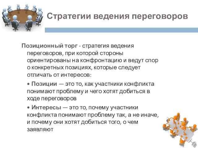 2. Стратегии ведения переговоров Позиционный торг - стратегия ведения переговоров, при которой