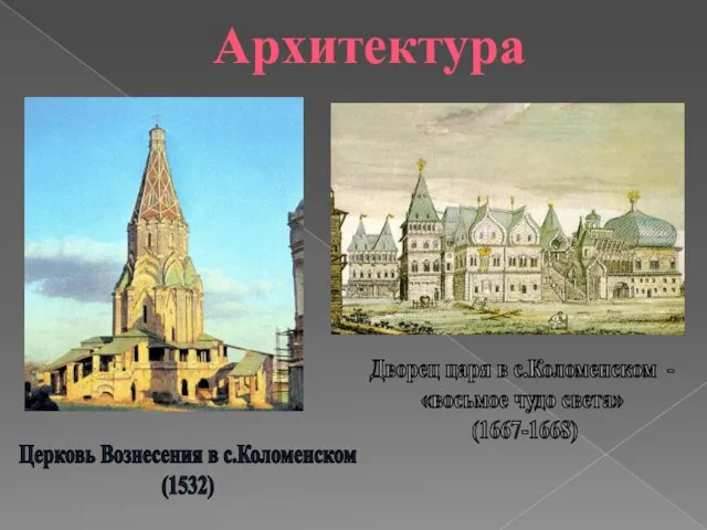 Дворец царя в с.Коломенском - «восьмое чудо света» (1667-1668) Церковь Вознесения в с.Коломенском (1532) Архитектура