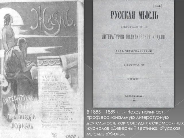 В 1885—1889 г.г. - Чехов начинает профессиональную литературную деятельность как сотрудник ежемесячных