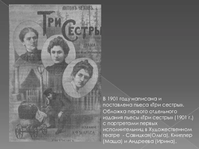 В 1901 году написана и поставлена пьеса «Три сестры». Обложка первого отдельного