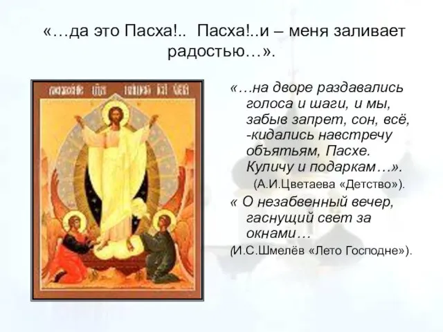 «…да это Пасха!.. Пасха!..и – меня заливает радостью…». «…на дворе раздавались голоса