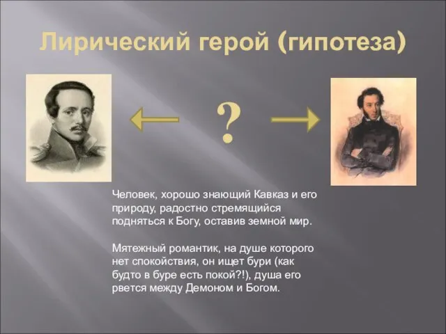 Лирический герой (гипотеза) Человек, хорошо знающий Кавказ и его природу, радостно стремящийся