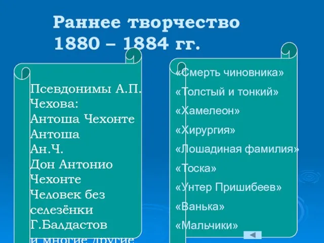 Раннее творчество 1880 – 1884 гг. «Смерть чиновника» «Толстый и тонкий» «Хамелеон»