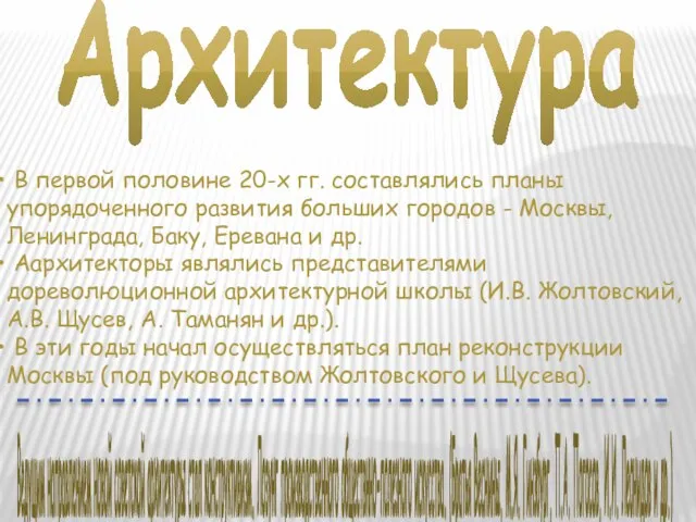 В первой половине 20-х гг. составлялись планы упорядоченного развития больших городов -