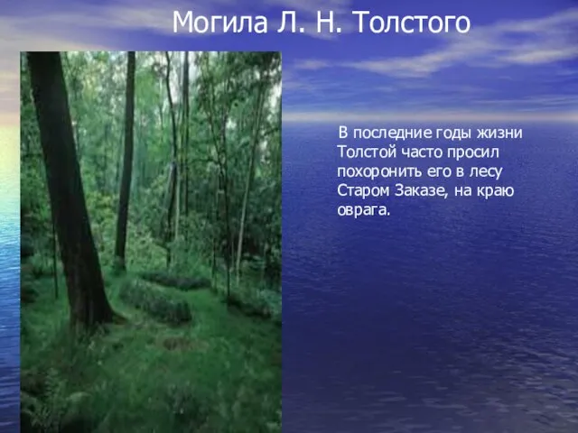 Могила Л. Н. Толстого В последние годы жизни Толстой часто просил похоронить