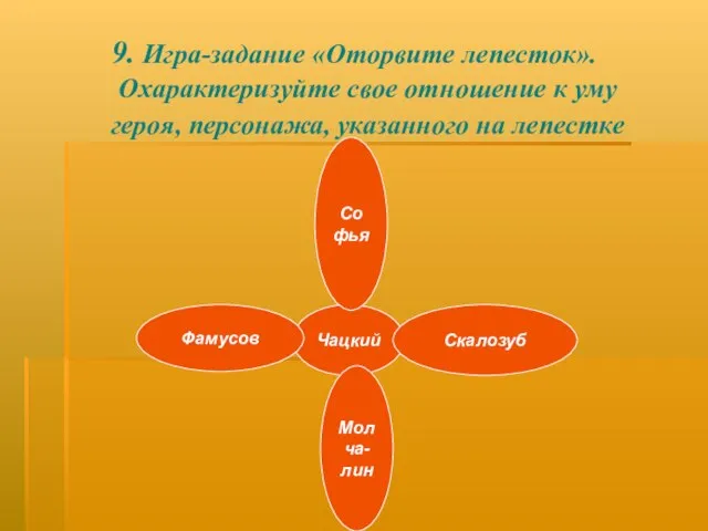 9. Игра-задание «Оторвите лепесток». Охарактеризуйте свое отношение к уму героя, персонажа, указанного