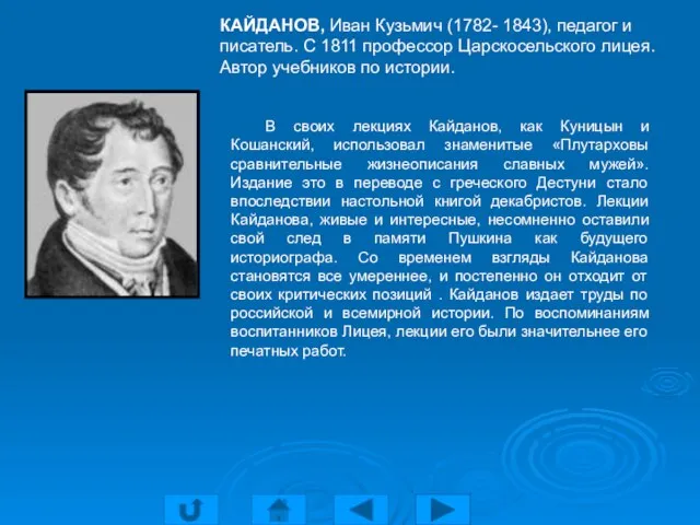 КАЙДАНОВ, Иван Кузьмич (1782- 1843), педагог и писатель. С 1811 профессор Царскосельского