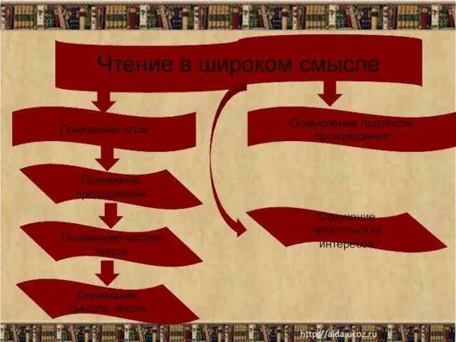 Чтение в широком смысле Понимание слов Понимание предложений Понимание частей текста Понимание