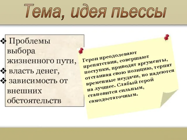 Тема, идея пьессы Проблемы выбора жизненного пути, власть денег, зависимость от внешних