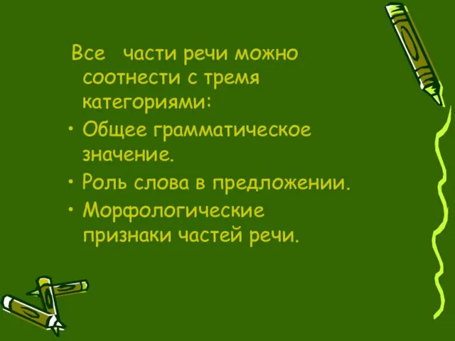 Все части речи можно соотнести с тремя категориями: Общее грамматическое значение. Роль