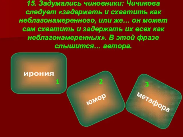 15. Задумались чиновники: Чичикова следует «задержать и схватить как неблагонамеренного, или же…