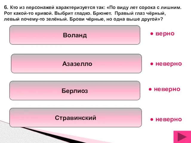 Воланд Азазелло Берлиоз Стравинский 6. Кто из персонажей характеризуется так: «По виду