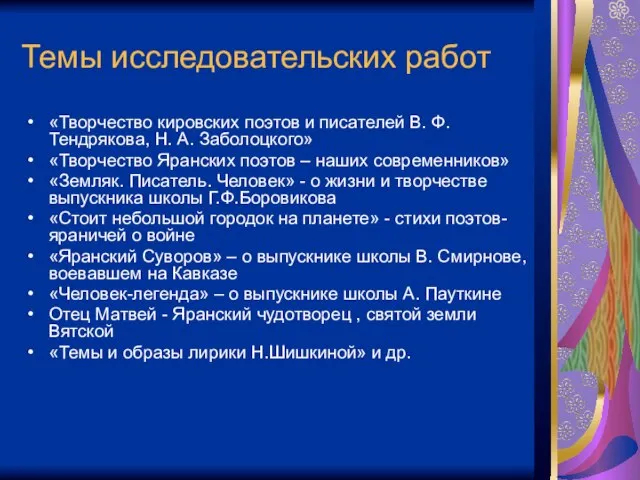 Темы исследовательских работ «Творчество кировских поэтов и писателей В. Ф. Тендрякова, Н.