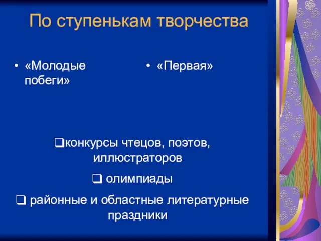 По ступенькам творчества «Молодые побеги» «Первая» конкурсы чтецов, поэтов, иллюстраторов олимпиады районные и областные литературные праздники