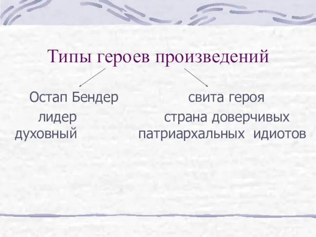 Типы героев произведений Остап Бендер свита героя лидер страна доверчивых духовный патриархальных идиотов