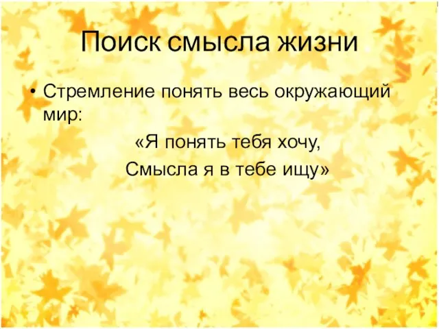 Поиск смысла жизни Стремление понять весь окружающий мир: «Я понять тебя хочу,