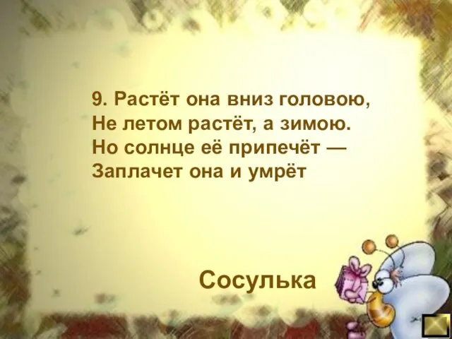 9. Растёт она вниз головою, Не летом растёт, а зимою. Но солнце