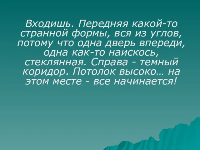 Входишь. Передняя какой-то странной формы, вся из углов, потому что одна дверь