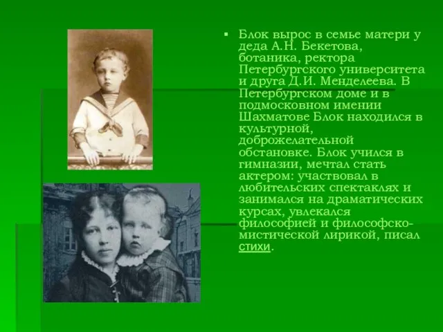 Блок вырос в семье матери у деда А.Н. Бекетова, ботаника, ректора Петербургского