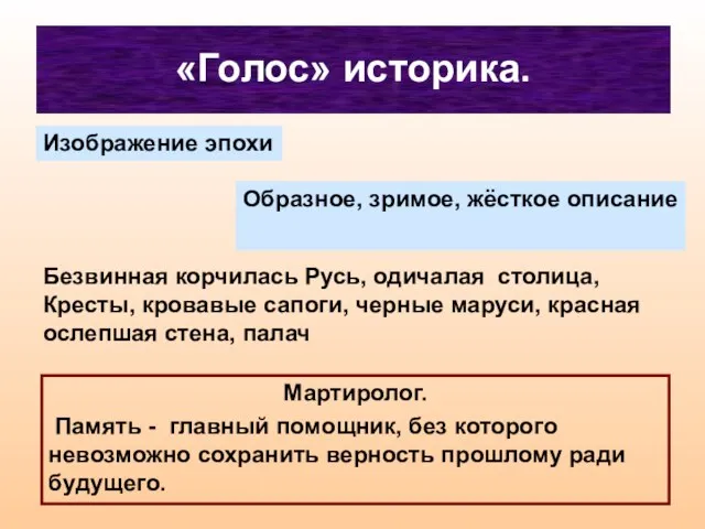 «Голос» историка. Изображение эпохи Образное, зримое, жёсткое описание Безвинная корчилась Русь, одичалая