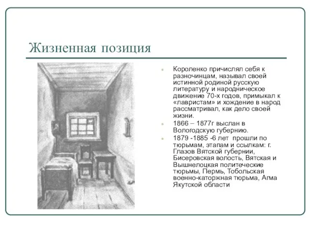 Жизненная позиция Короленко причислял себя к разночинцам, называл своей истинной родиной русскую