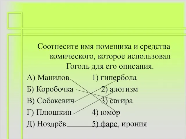 Соотнесите имя помещика и средства комического, которое использовал Гоголь для его описания.