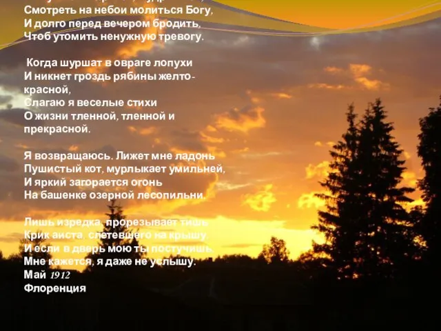 Я научилась просто, мудро жить, Смотреть на небои молиться Богу, И долго