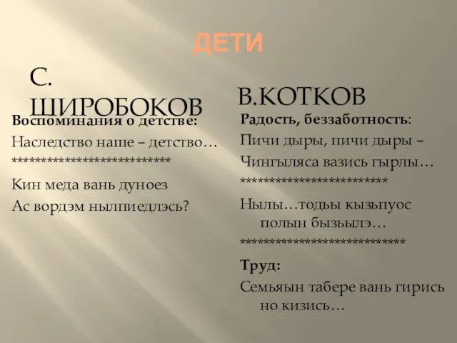 ДЕТИ С.ШИРОБОКОВ В.КОТКОВ Воспоминания о детстве: Наследство наше – детство… *************************** Кин