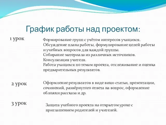 График работы над проектом: 1 урок 2 урок 3 урок Формирование групп