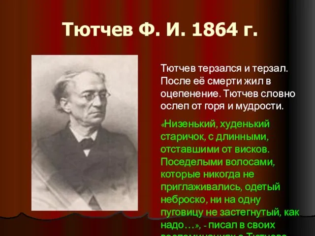 Тютчев Ф. И. 1864 г. Тютчев терзался и терзал. После её смерти