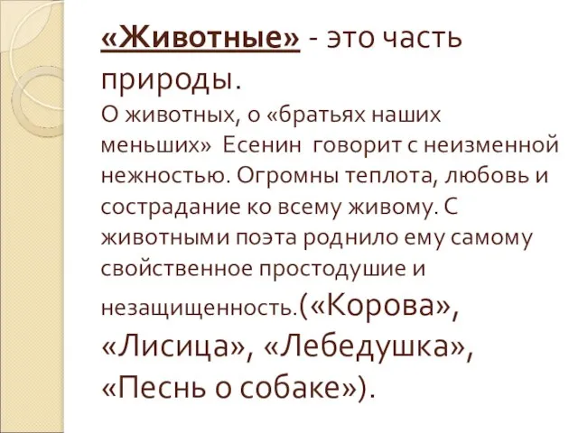 «Животные» - это часть природы. О животных, о «братьях наших меньших» Есенин