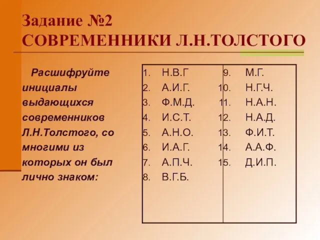 Задание №2 СОВРЕМЕННИКИ Л.Н.ТОЛСТОГО Расшифруйте инициалы выдающихся современников Л.Н.Толстого, со многими из