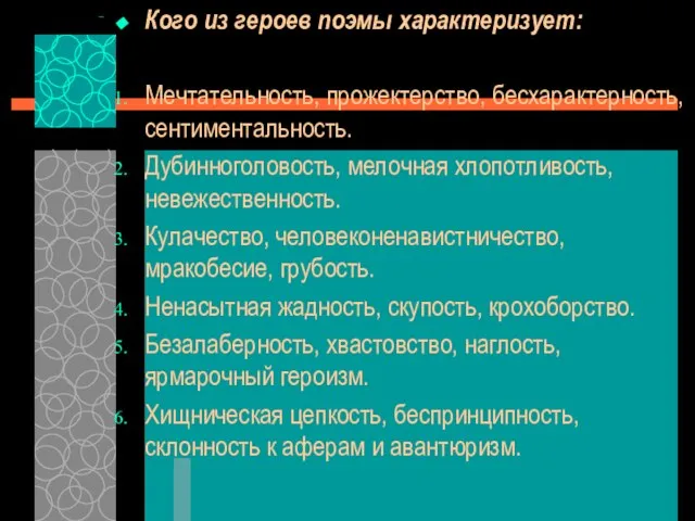 Кого из героев поэмы характеризует: Мечтательность, прожектерство, бесхарактерность, сентиментальность. Дубинноголовость, мелочная хлопотливость,