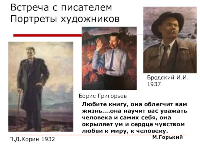 Встреча с писателем Портреты художников Бродский И.И. 1937 Борис Григорьев П.Д.Корин 1932