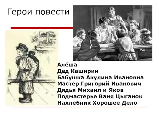 Герои повести Алёша Дед Каширин Бабушка Акулина Ивановна Мастер Григорий Иванович Дядья