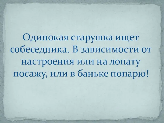 Одинокая старушка ищет собеседника. В зависимости от настроения или на лопату посажу, или в баньке попарю!