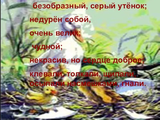 безобразный, серый утёнок; недурён собой, очень велик; чудной; некрасив, но сердце доброе;